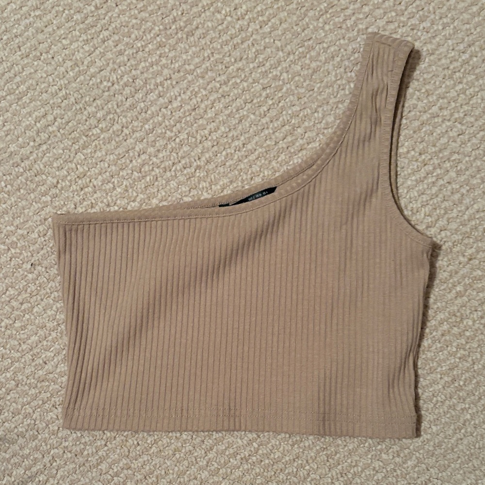SHEIN Ribbed One-Shoulder Crop Top - Taupe Beige